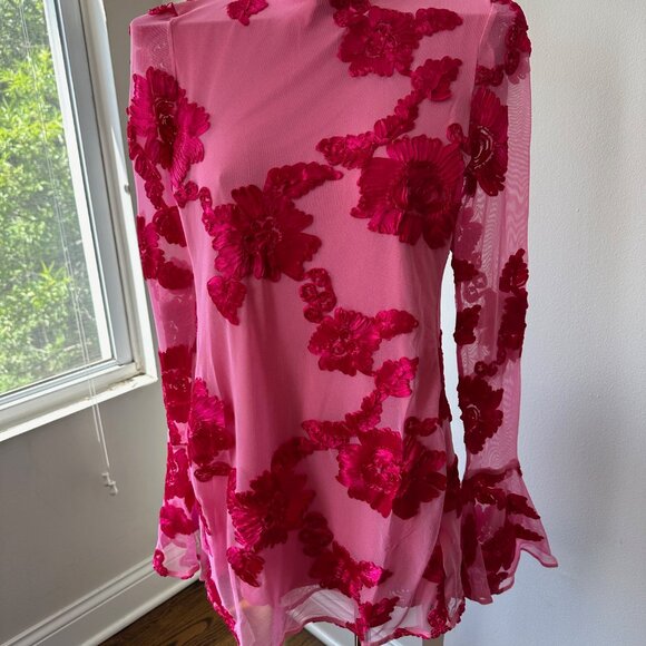 NWT Women's Commense Romance Jacquard Floral Backless Mesh Dress Pink Size Small - Picture 4 of 6